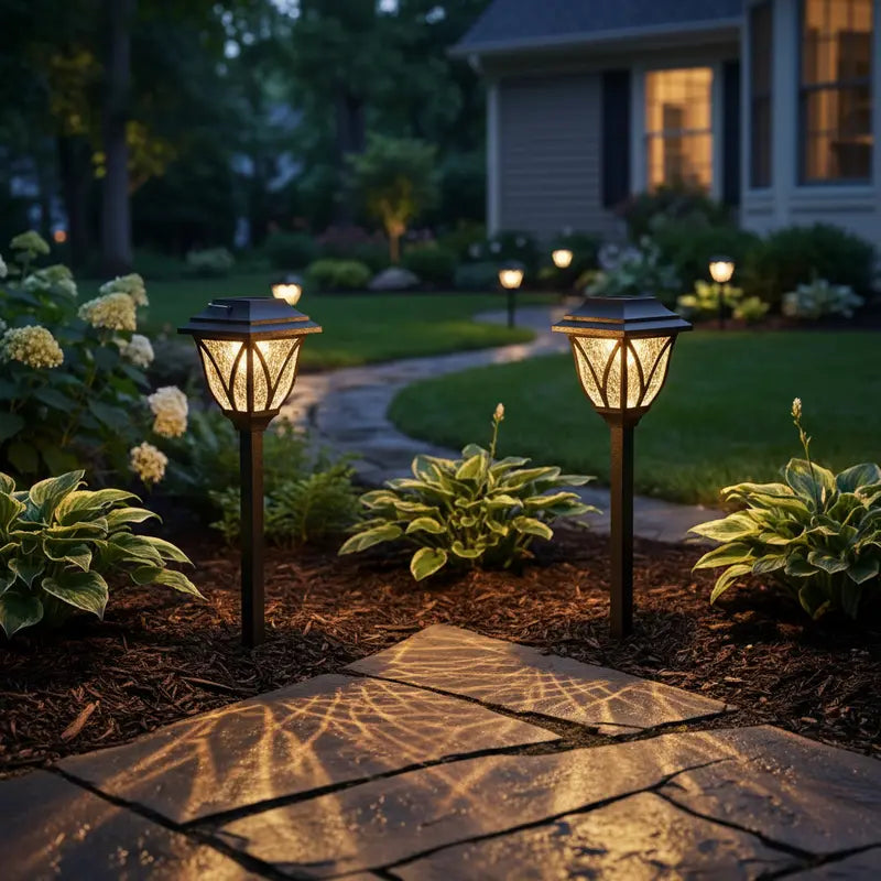 Garden pathway with solar-powered outdoor lights illuminating a garden area.