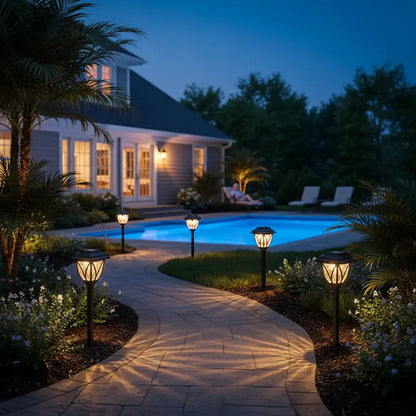 Evening view of a house with a pool and illuminated pathway
