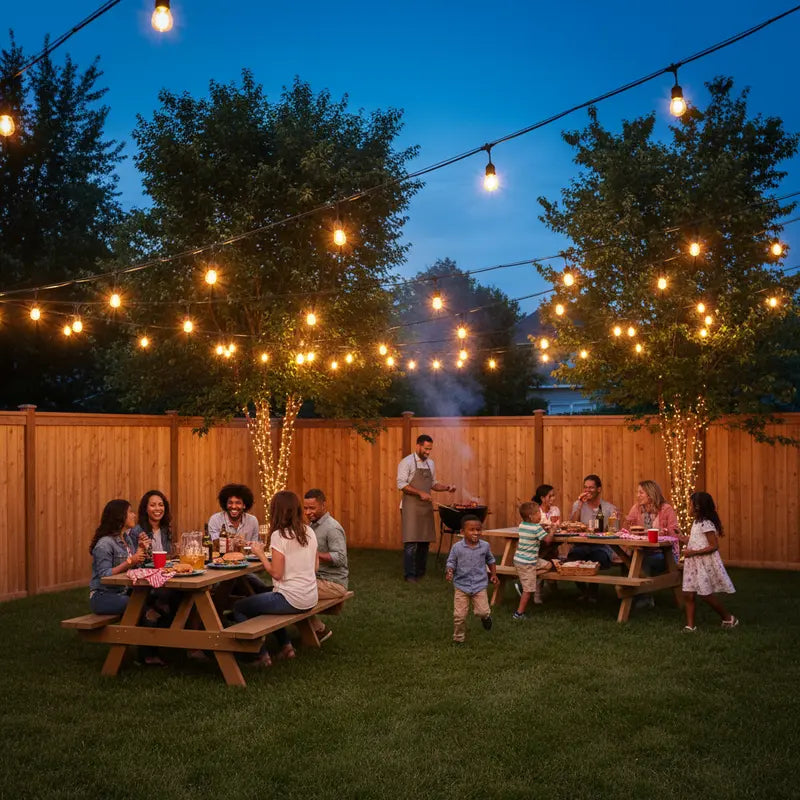 Family gathering in a backyard with string lights and picnic tables.