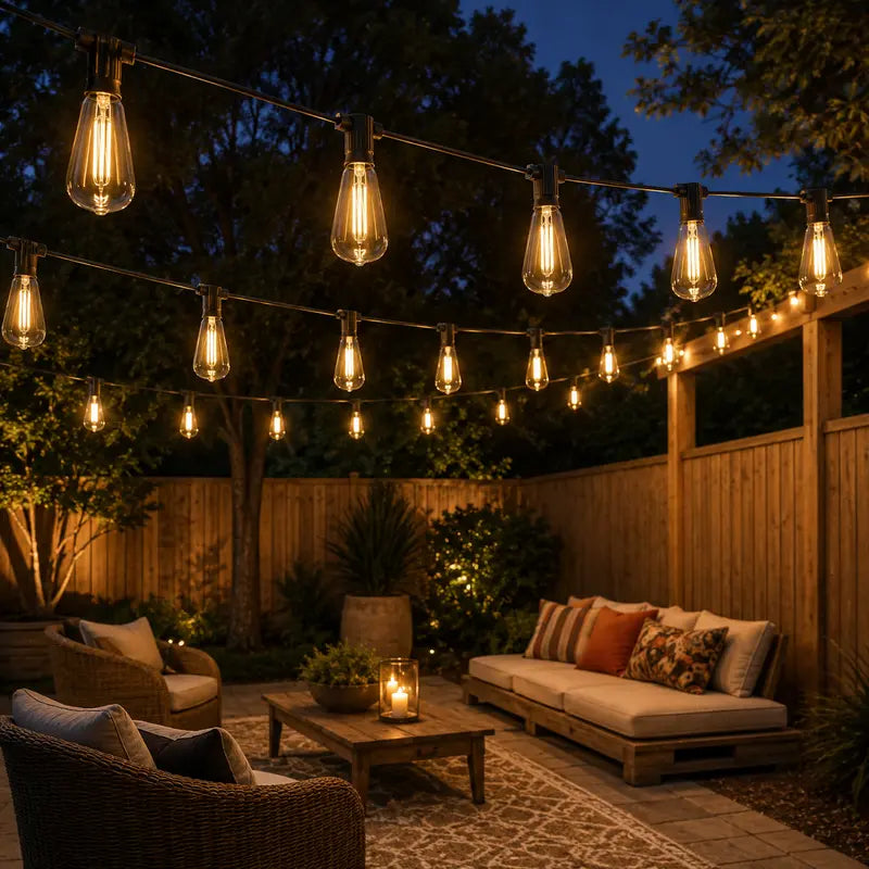 String lights illuminating a patio area with outdoor furniture.