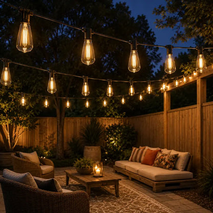 String lights illuminating a patio area with outdoor furniture.