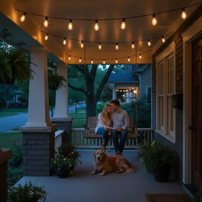 Couple sitting on a porch with a dog, illuminated by string lights at night.