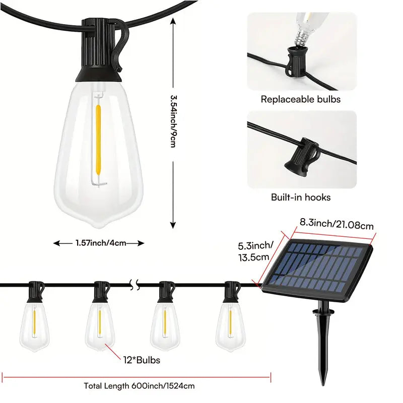 Solar-powered string lights with detailed measurements and features on a white background