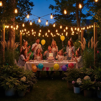 People celebrating a birthday outdoors with string lights and balloons.