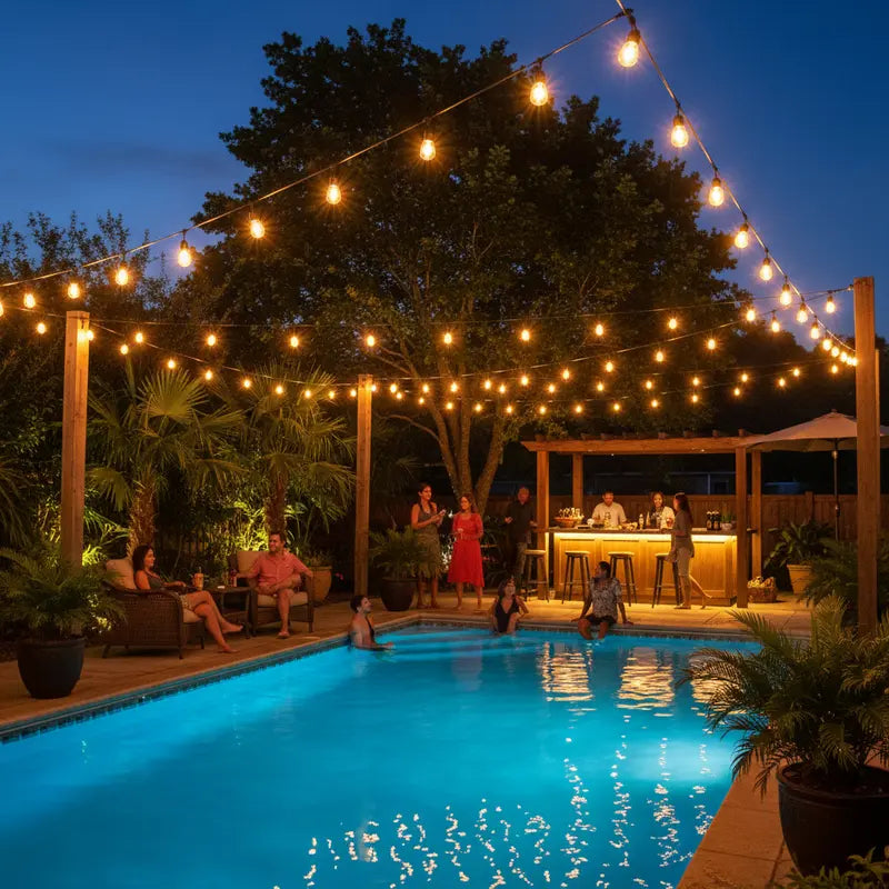 People enjoying a pool party at night with string lights and a pool.
