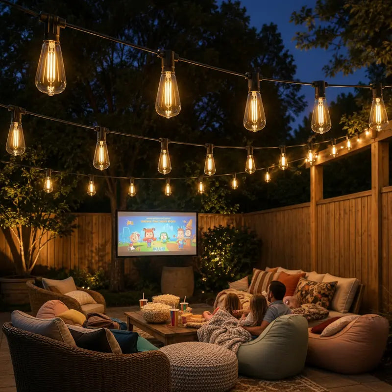 Outdoor evening setting with string lights, a projector screen displaying an animated movie, and people sitting on a couch.