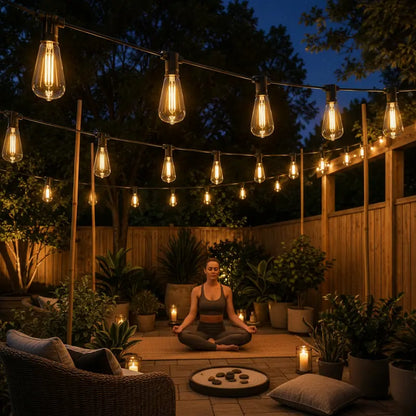 Woman meditating under string lights in a garden setting