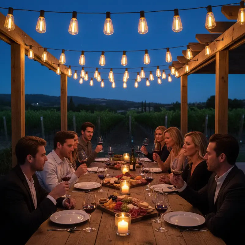Group of people enjoying a dinner party under string lights at night.