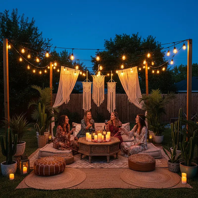 Group of people sitting around a outdoor fire pit with string lights and candles.