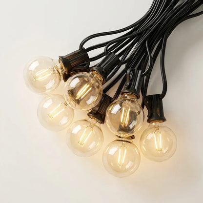 String of clear light bulbs with black wires on a white background