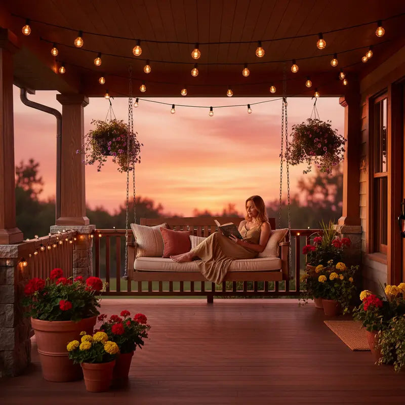 Woman reading a book on a porch with a sunset view, surrounded by potted plants.