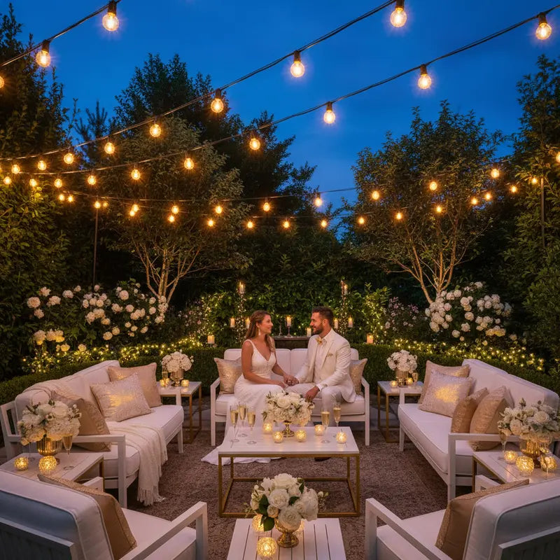 Evening outdoor setting with string lights, people sitting on a couch, and floral arrangements.