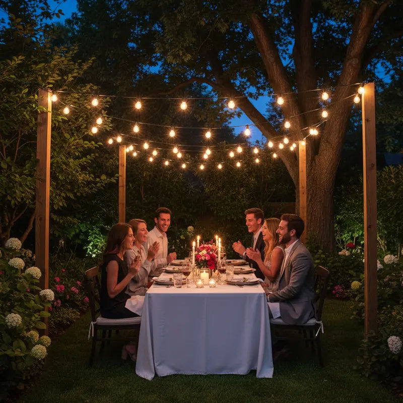 Group of people enjoying a dinner party under string lights in a garden setting.