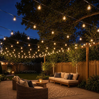 Outdoor patio with string lights, furniture, and a wooden fence.
