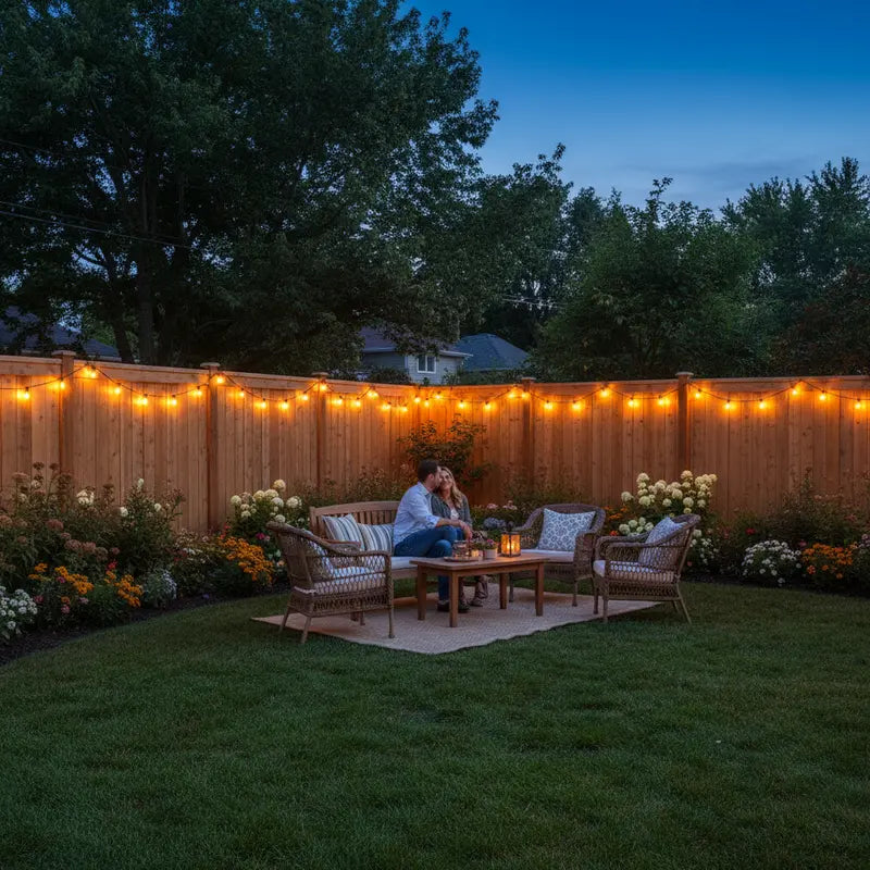 Backyard evening scene with string lights, outdoor furniture, and a couple sitting together.