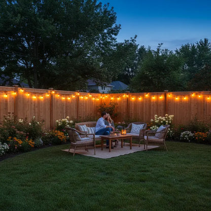 Backyard evening scene with string lights, outdoor furniture, and a couple sitting together.