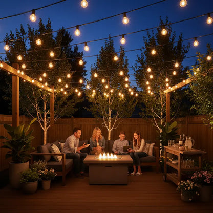 People sitting around a fire pit under string lights in a backyard setting.