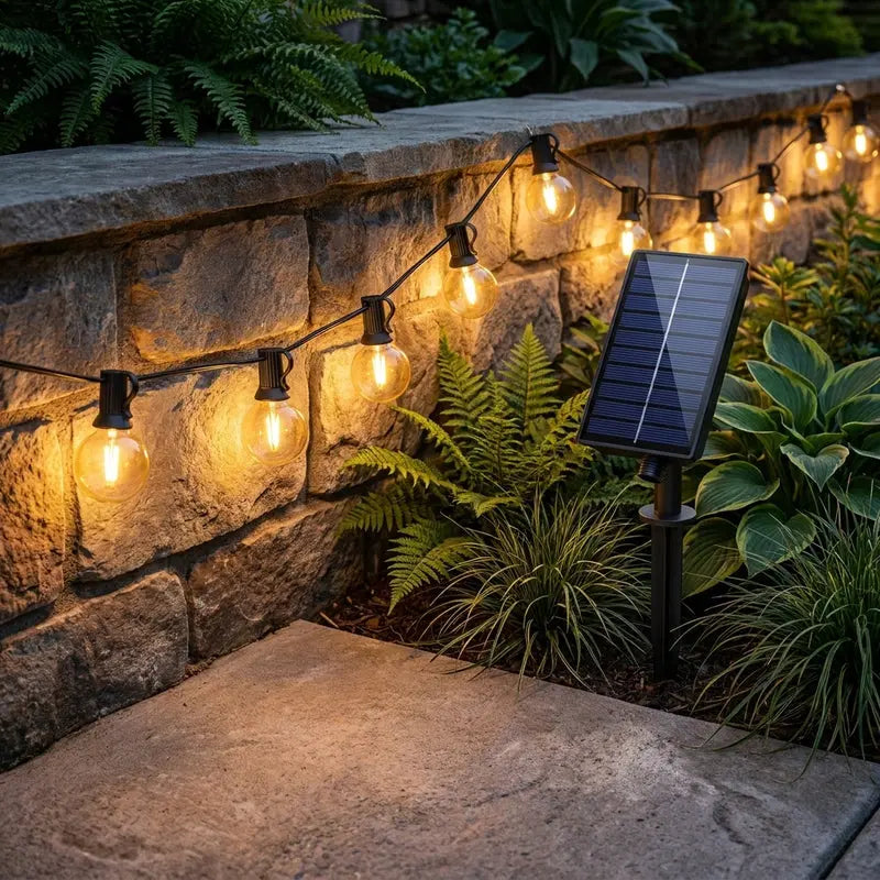 Solar-powered string lights on a stone wall with plants in the background