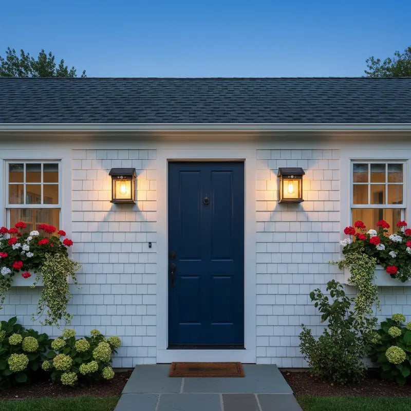 White house with a blue door and flower boxes at dusk