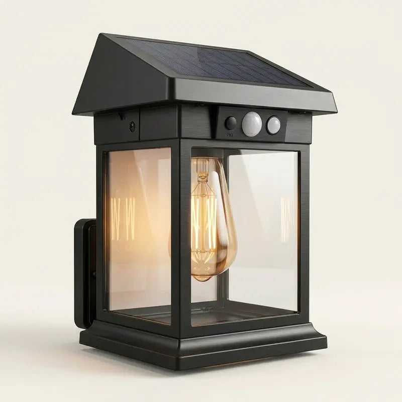 Black outdoor solar lamp with glass cover on a beige background