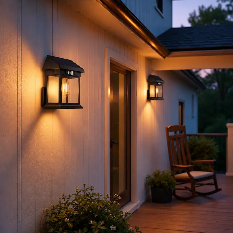 Outdoor setting with wall lights, rocking chair, and plants on a porch.