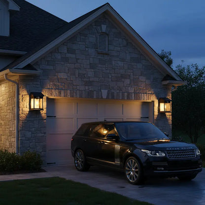 Black SUV parked in front of a stone house with garage at night.