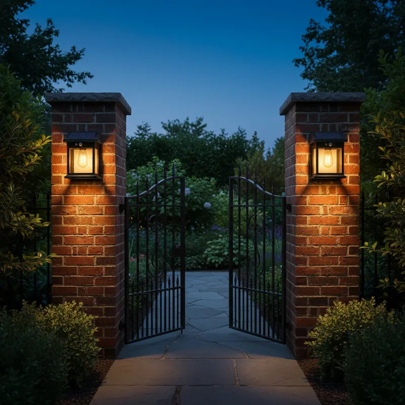 Gated entrance with brick pillars and wall-mounted lights at night
