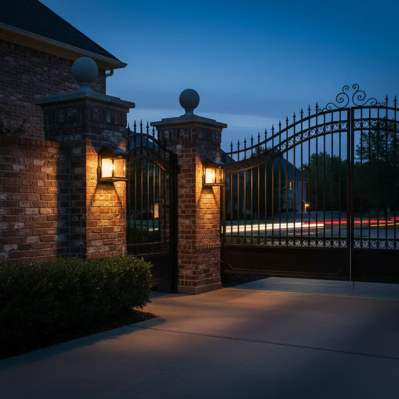 Gated entrance to a residential area at night with illuminated brick pillars and wrought iron gate.