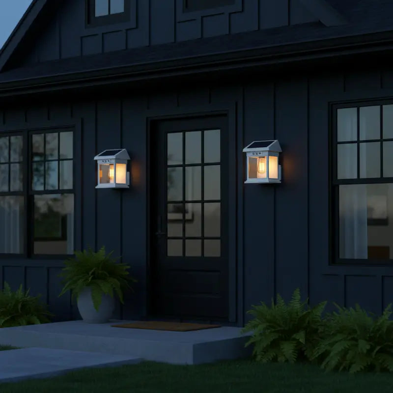 Dark house exterior with solar lights on a clear night