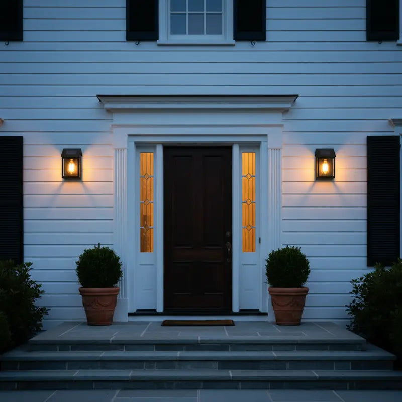 Front door of a house with lights on at night