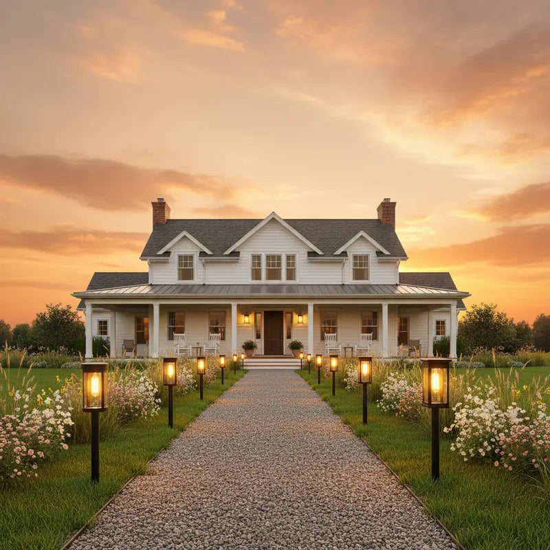 White farmhouse with a pathway leading to it during sunset.