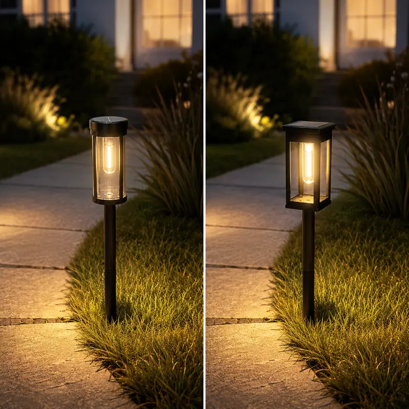 Two images of a solar-powered outdoor lamp illuminating a pathway at night.