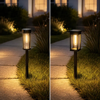 Two images of a solar-powered outdoor lamp illuminating a pathway at night.