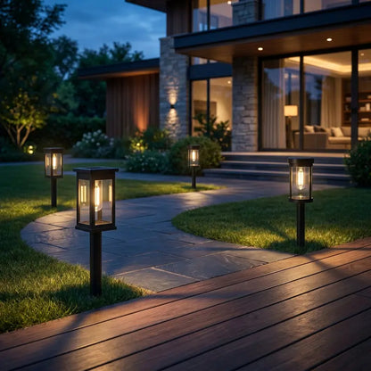 Glowing outdoor lamps on a wooden deck in front of a modern house.