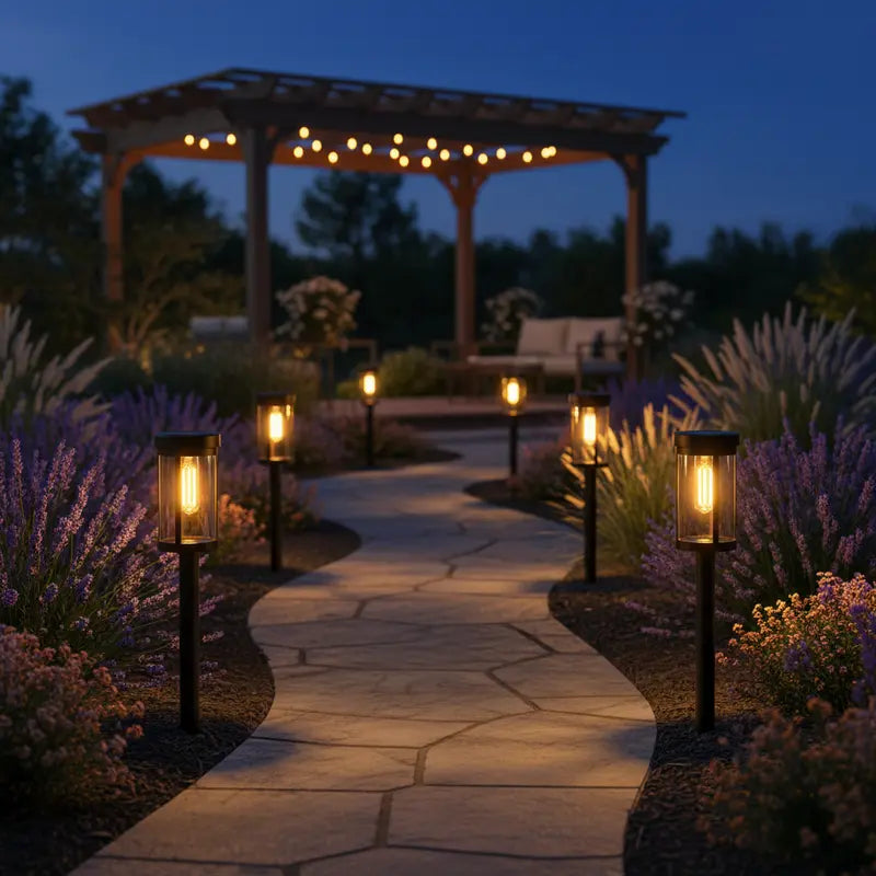 Garden pathway with illuminated lanterns and a wooden pergola at dusk.