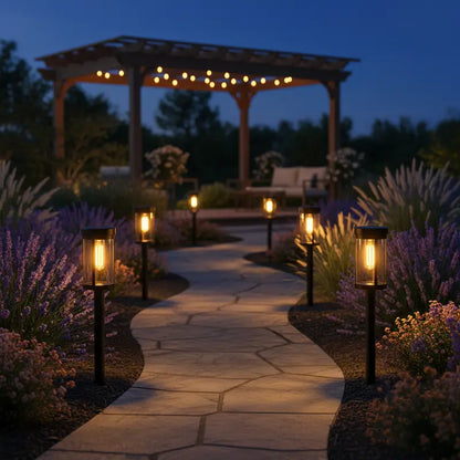 Garden pathway with illuminated lanterns and a wooden pergola at dusk.