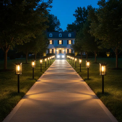 Pathway leading to a house with illuminated lanterns on either side at night.