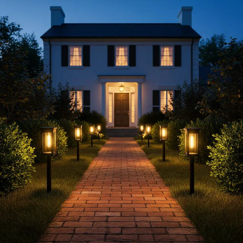 Stately home with illuminated pathway and lights