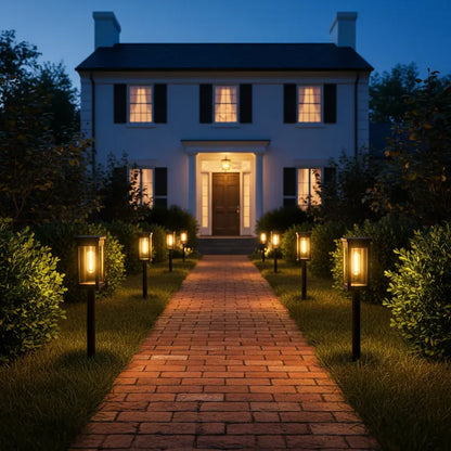 Stately home with illuminated pathway and lights