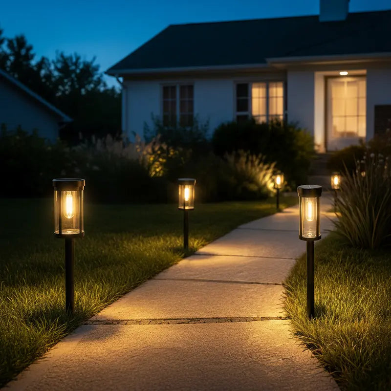Pathway illuminated by outdoor lights leading to a house at night.