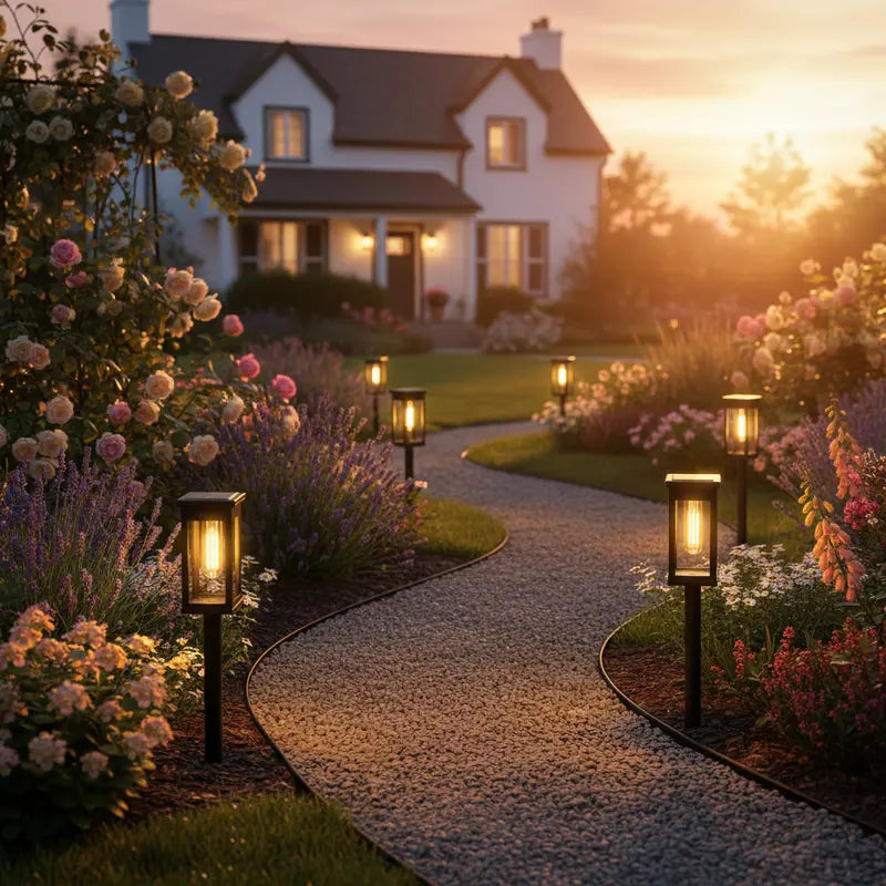 Garden pathway with illuminated lanterns leading to a house at sunset.