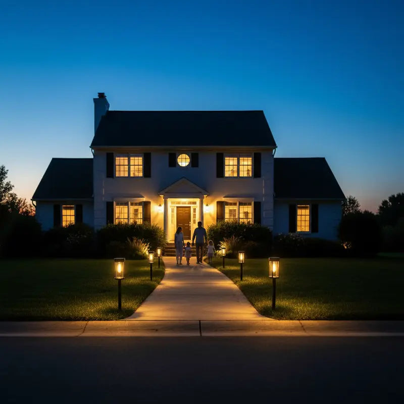 House at night with illuminated windows and a family standing on the porch.