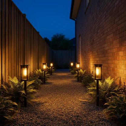 Pathway illuminated by garden lights against a brick wall at night