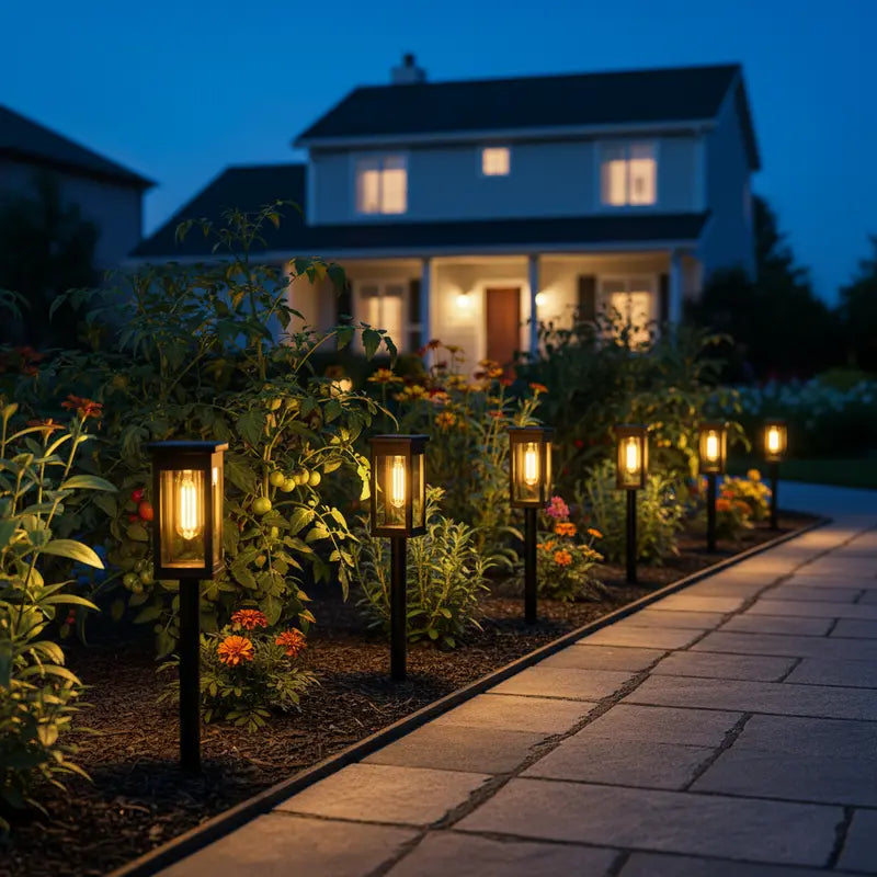 Garden pathway with illuminated solar lights in front of a house at night.