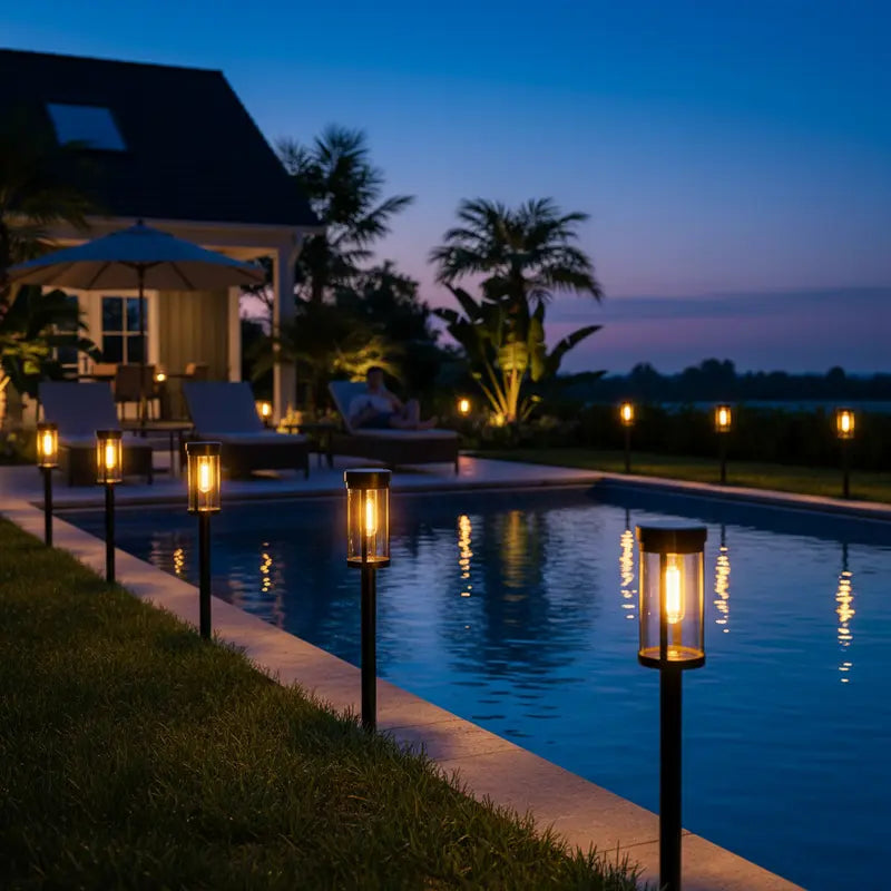 Pool area with decorative lights at night