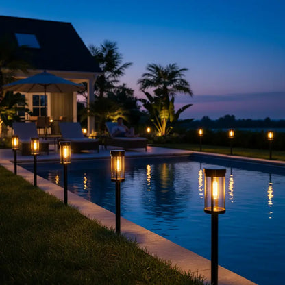 Pool area with decorative lights at night