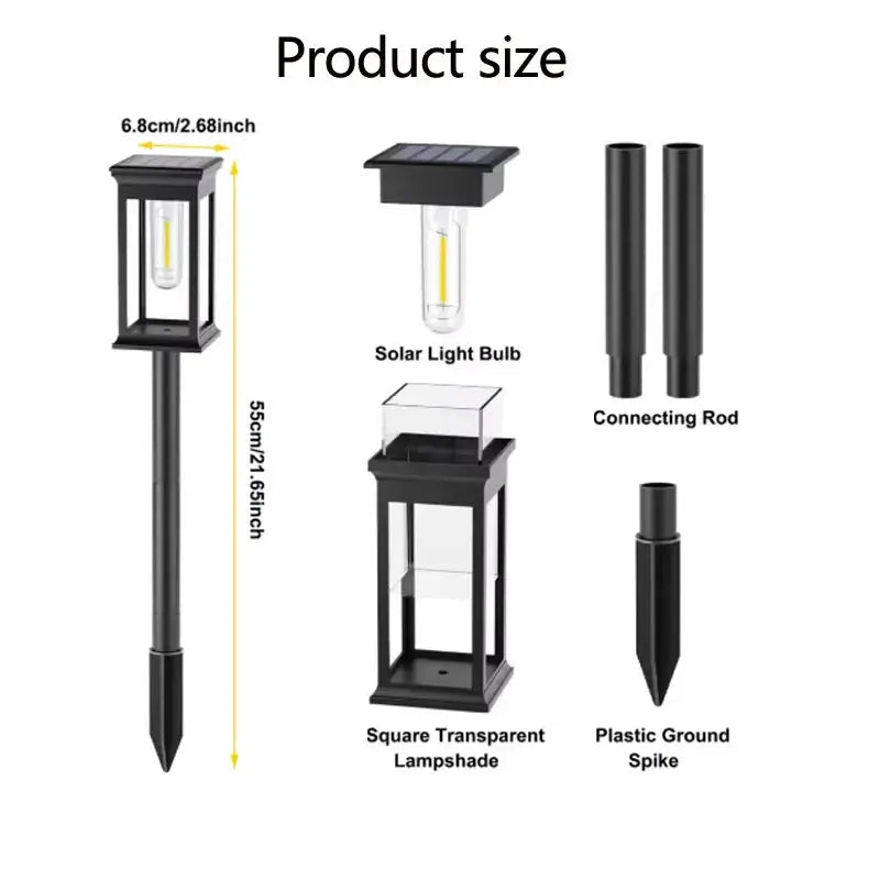 Detailed view of a solar-powered outdoor light with labeled parts and dimensions on a white background.