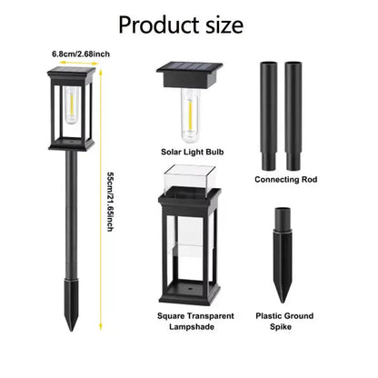 Detailed view of a solar-powered outdoor light with labeled parts and dimensions on a white background.