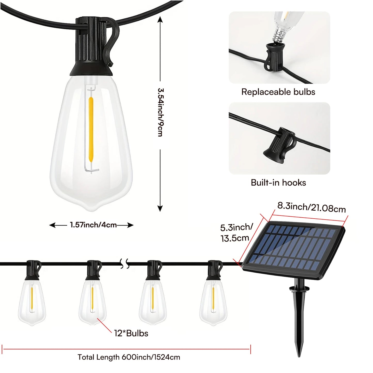 Solar String Lights with ST38 Bulbs for Porches & Backyard Cafes – 50/100 ft