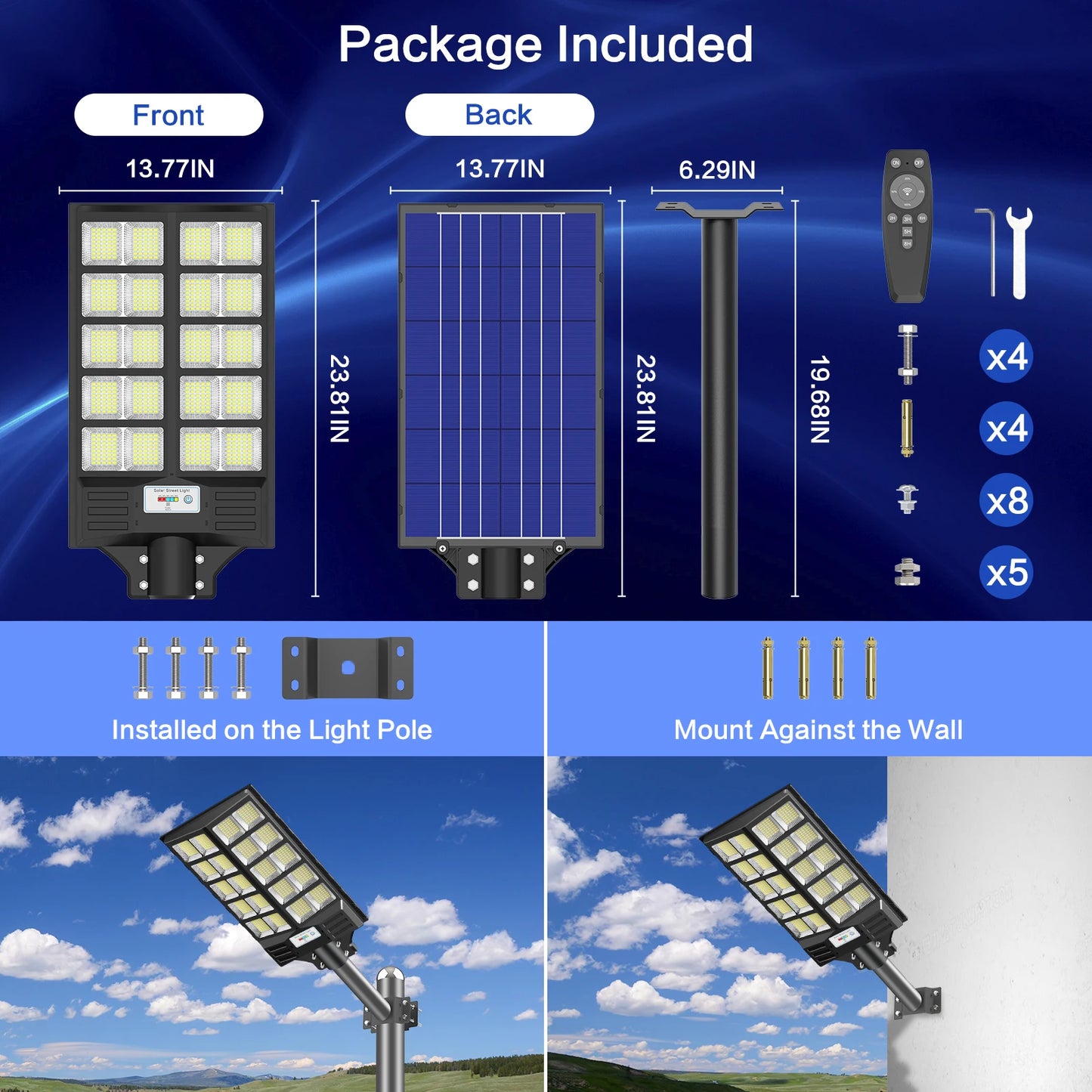 Solar Powered Street Light High Efficiency LED With Motion Sensor Long Runtime Remote Control US Inventory for Roads Yards